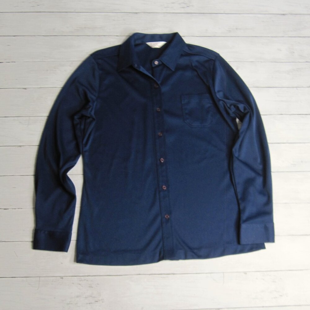 Classic Fashions Vintage Women's Navy Top Size S Long Sleeve Button Up Blouse